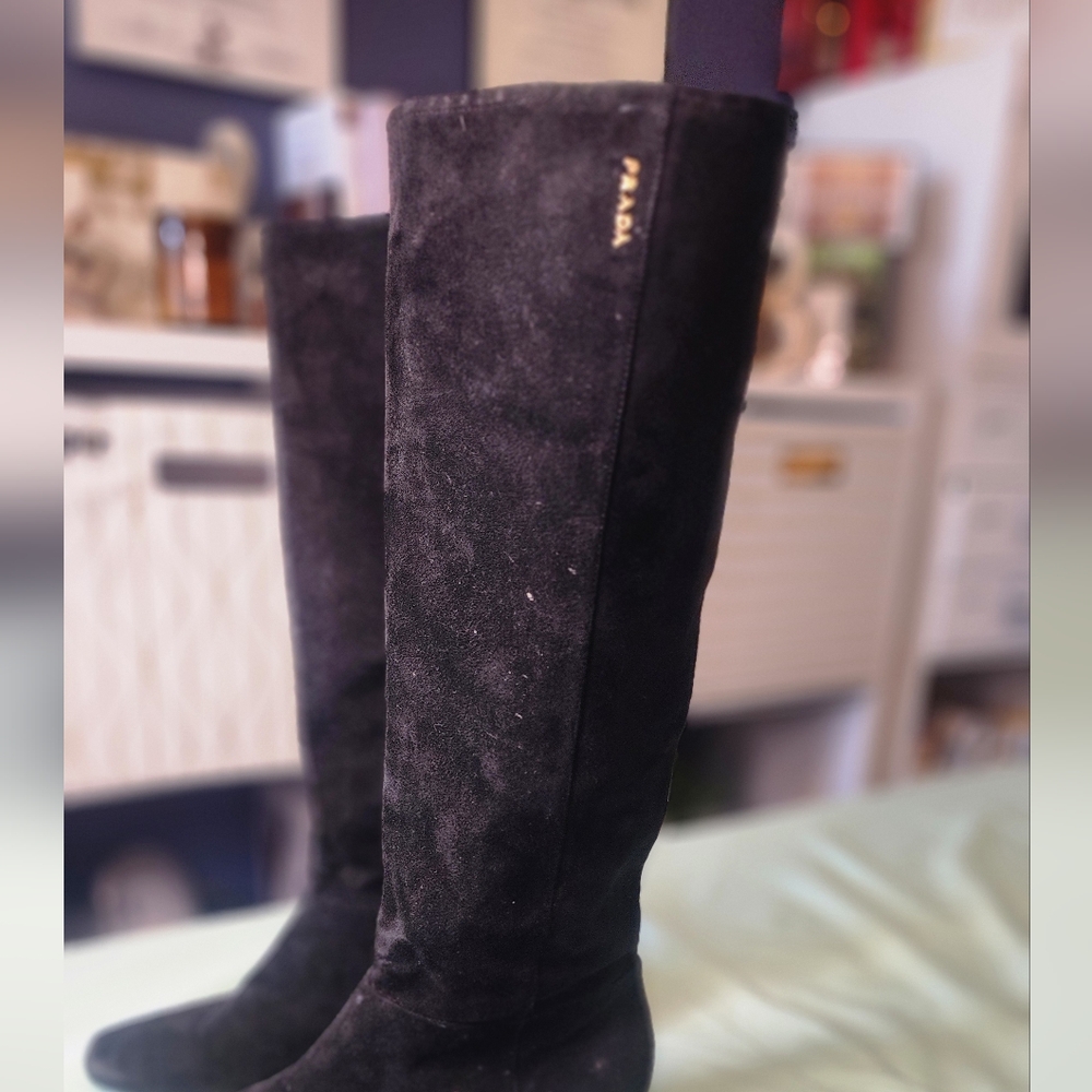 Prada Black Suede Knee Boots